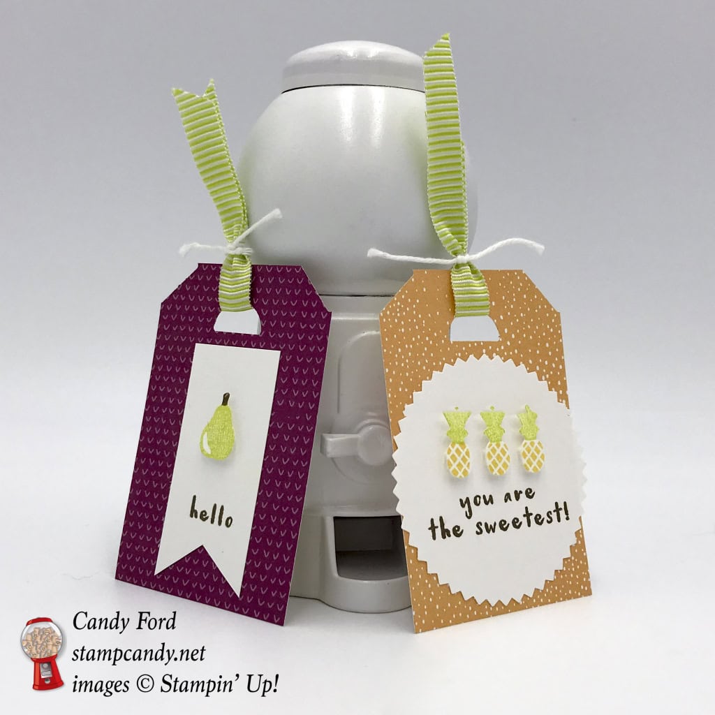 Tags made with the Tutti-frutti swuite: Tutti-frutti Designer Series Paper DSP, Fruit Basket Bundle (Fruit Basket stamp set and Itty Bitty Fruit Punch Pack,) and Lemon Lime Twist 3/8" Mini Striped Ribbon, also Whisper White Solid Twine, Starburst Punch, by Stampin' Up! #stampcandy