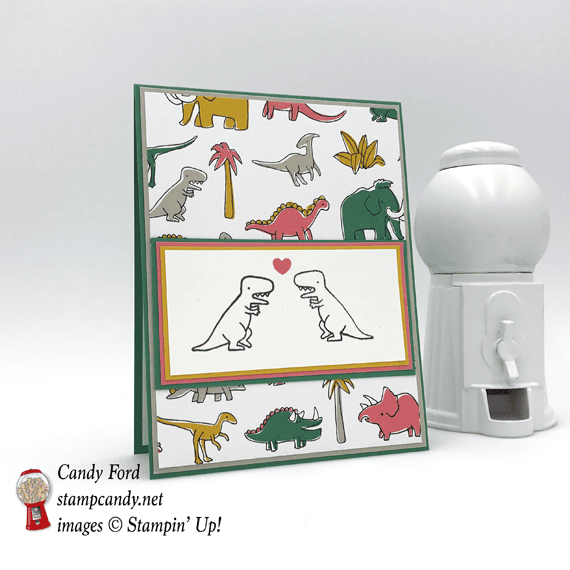 Mirror Stamping Technique Pick a Pattern DSP and Pieces and Patterns stamp set handmade dinosaur card by Candy Ford of Stamp Candy