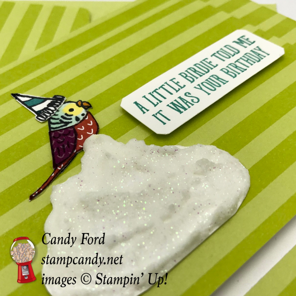 I made this birthday card for National Bird Day & National Whipped Cream Day. Bird Banter stamp set, Tutti Frutti Designer Series Paper, Tutti Frutti Cards & Envelopes (free during Sale-a-Bration!) and Shimery White Embossing Paste, by Stampin' Up! #stampcandy