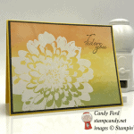 White Embossed Stampin' Up! Definately Dahlia with brayered background by Candy Ford of Stamp Candy