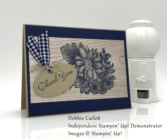 Debbie Catlett Stampin Up Heartfelt Blooms handmade card in Navy on wood for Stamp Candy