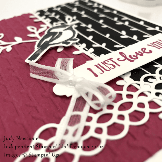 Judy Newsome handmade card using Stampin' Up! Petal Palette with bird for Stamp Candy closeup