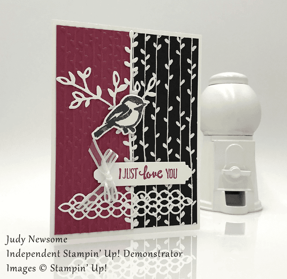 Judy Newsome handmade card using Stampin' Up! Petal Palette with bird for Stamp Candy closeup