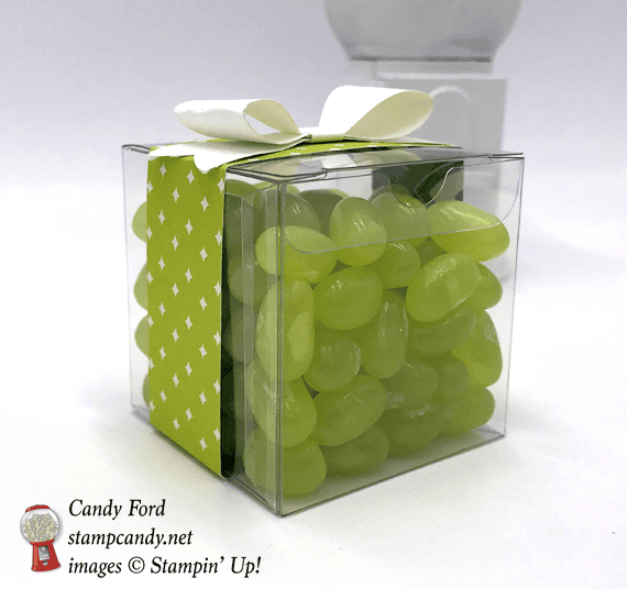 2" x 2" acetate box filled with Jelly Beans and decorated with Stampin' Up! DSP and a Bow made with the Bow Builder Punch