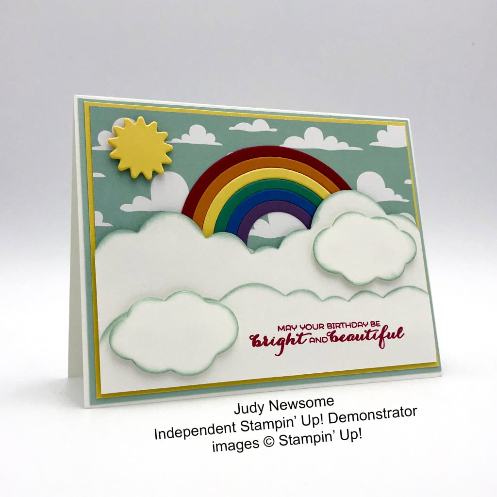 Cute card made by Judy Newsome, Independent Stampin' Up! Demonstrator using the Sunshine & Rainboes bundle.