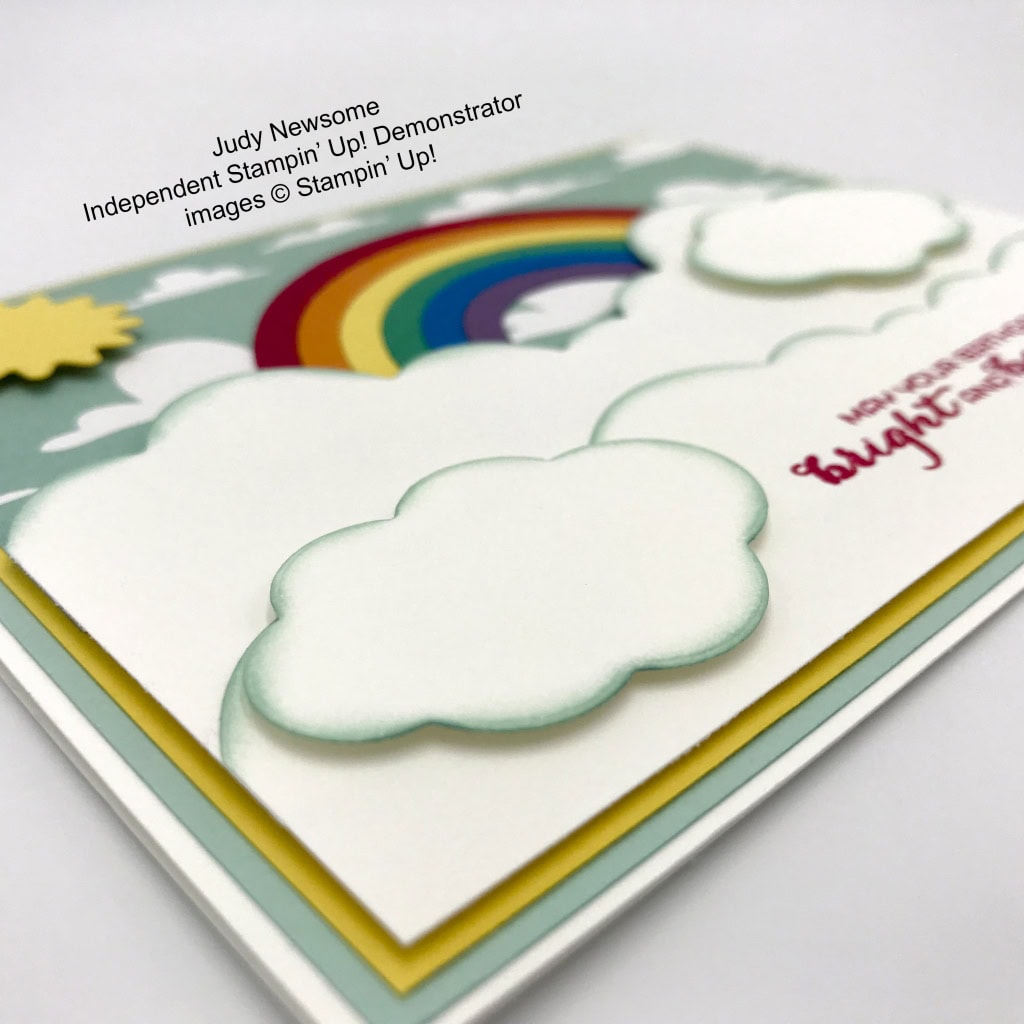 Cute card made by Judy Newsome, Independent Stampin' Up! Demonstrator using the Sunshine & Rainboes bundle.