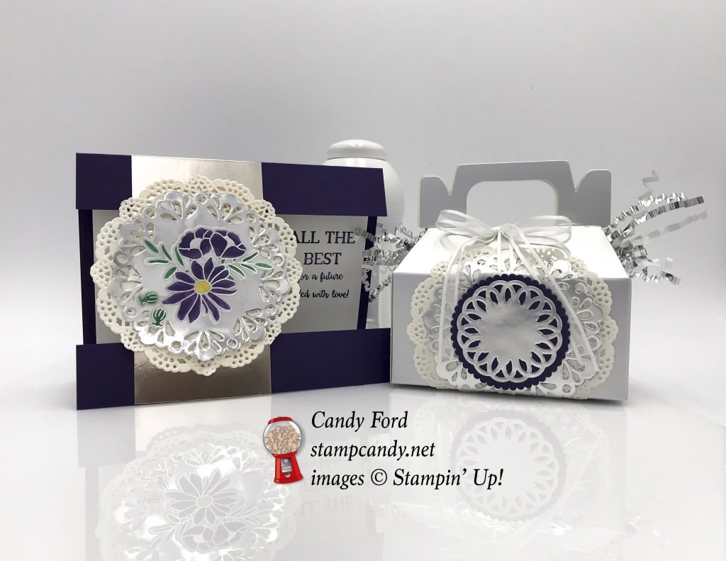 Wedding card or Anniversary Card made with the Better Together stamp set, Silver Gable Boxes, doilies, for OSAT blog hop, #osatbloghop #stampcandy