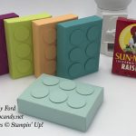 Child's birthday party favors, raisins in Lego boxes, made with Stampin' Up! card stock and 3/4" Circle Punch. #stampcandy