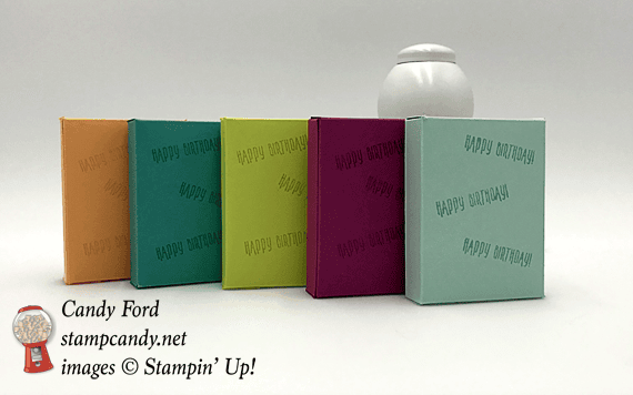 Child's birthday party favors, raisins in Lego boxes, made with Stampin' Up! card stock and 3/4" Circle Punch. #stampcandy