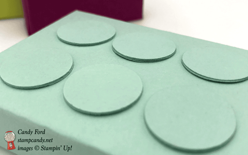 Child's birthday party favors, raisins in Lego boxes, made with Stampin' Up! card stock and 3/4" Circle Punch. #stampcandy