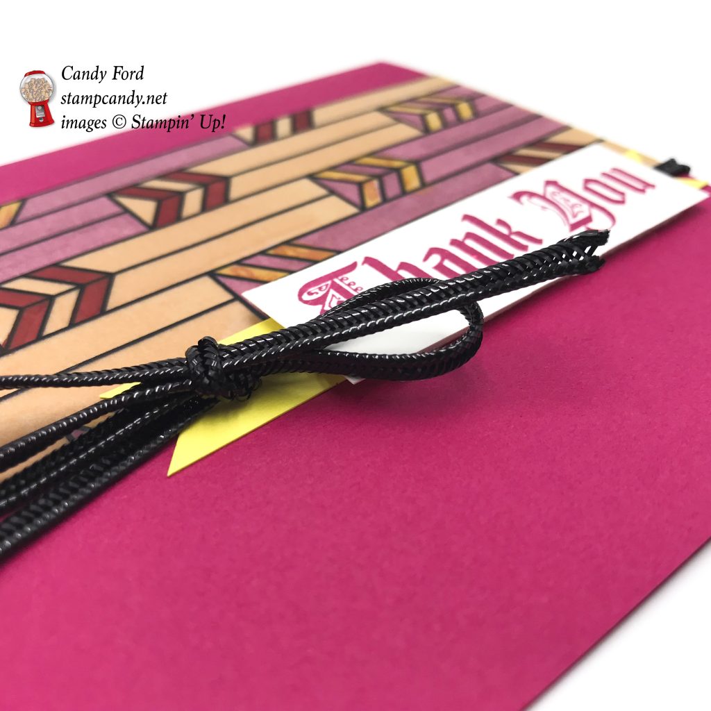 Sneak peek! Handmade thank you card made with the Painted glass stamp set, Graceful Glass designer Vellum, and Black 1/8" Cord from the upcoming 2018-2019 Stampin' Up! Annual Catalog. #stampcandy