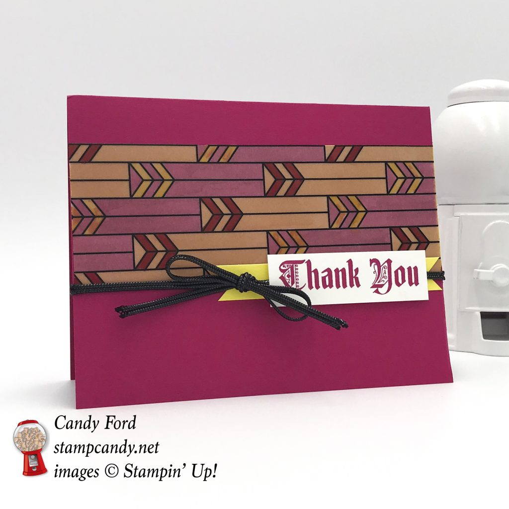 Sneak peek! Handmade thank you card made with the Painted glass stamp set, Graceful Glass designer Vellum, and Black 1/8" Cord from the upcoming 2018-2019 Stampin' Up! Annual Catalog. #stampcandy