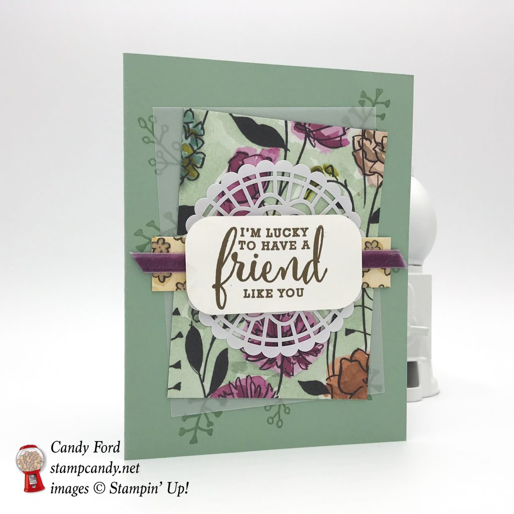Card for a friend, I'm lucky to have a friend like you, Love What You Do stamp set, Share What You Love Specialty Designer Series Paper DSP, Pearlized Doilies, 1/4" Velvel Ribbon in Rich razzleberry, bu Stampin' Up! #stampcandy
