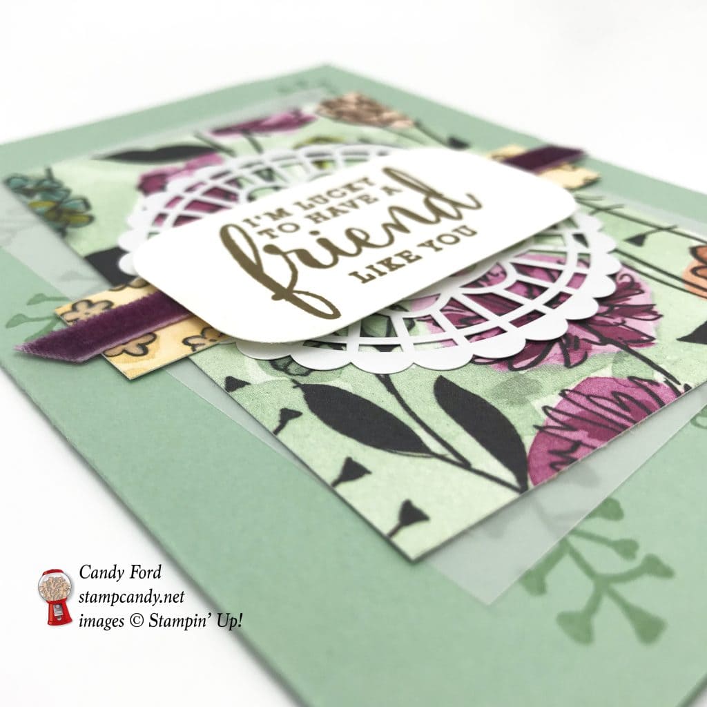 Card for a friend, I'm lucky to have a friend like you, Love What You Do stamp set, Share What You Love Specialty Designer Series Paper DSP, Pearlized Doilies, 1/4" Velvel Ribbon in Rich razzleberry, bu Stampin' Up! #stampcandy