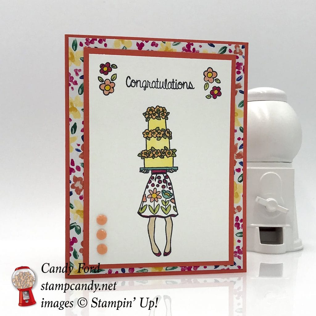Hand Delivered congratulations card with Gardem Impressions DSP bu Stampin Up! #stampcandy