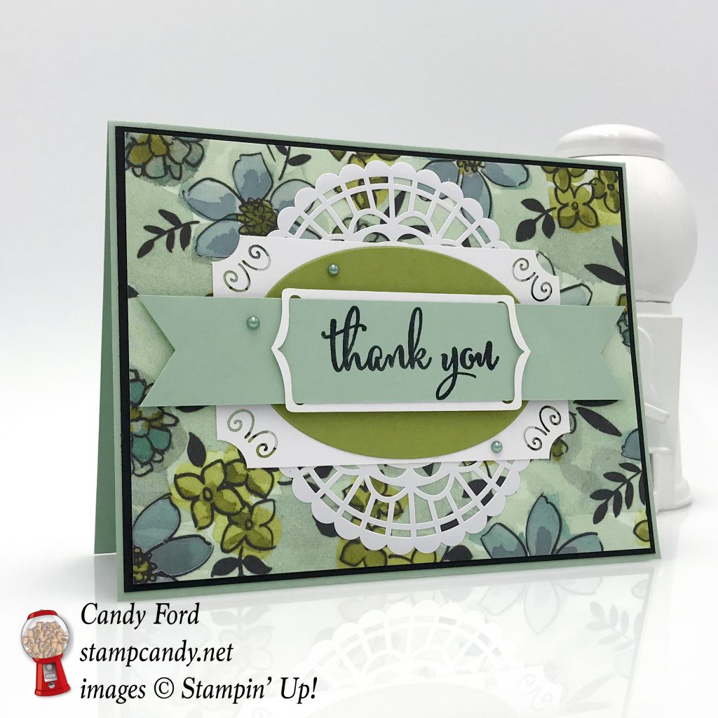 Thank You card made with the brand new Share What You Love bundle, Love What You Do stamp set, Share What You Love paper, Pearlized Doilies, SWYL Embellishment Kit, SWYL Artisan Pearls by Stampin' Up! #stampcandy