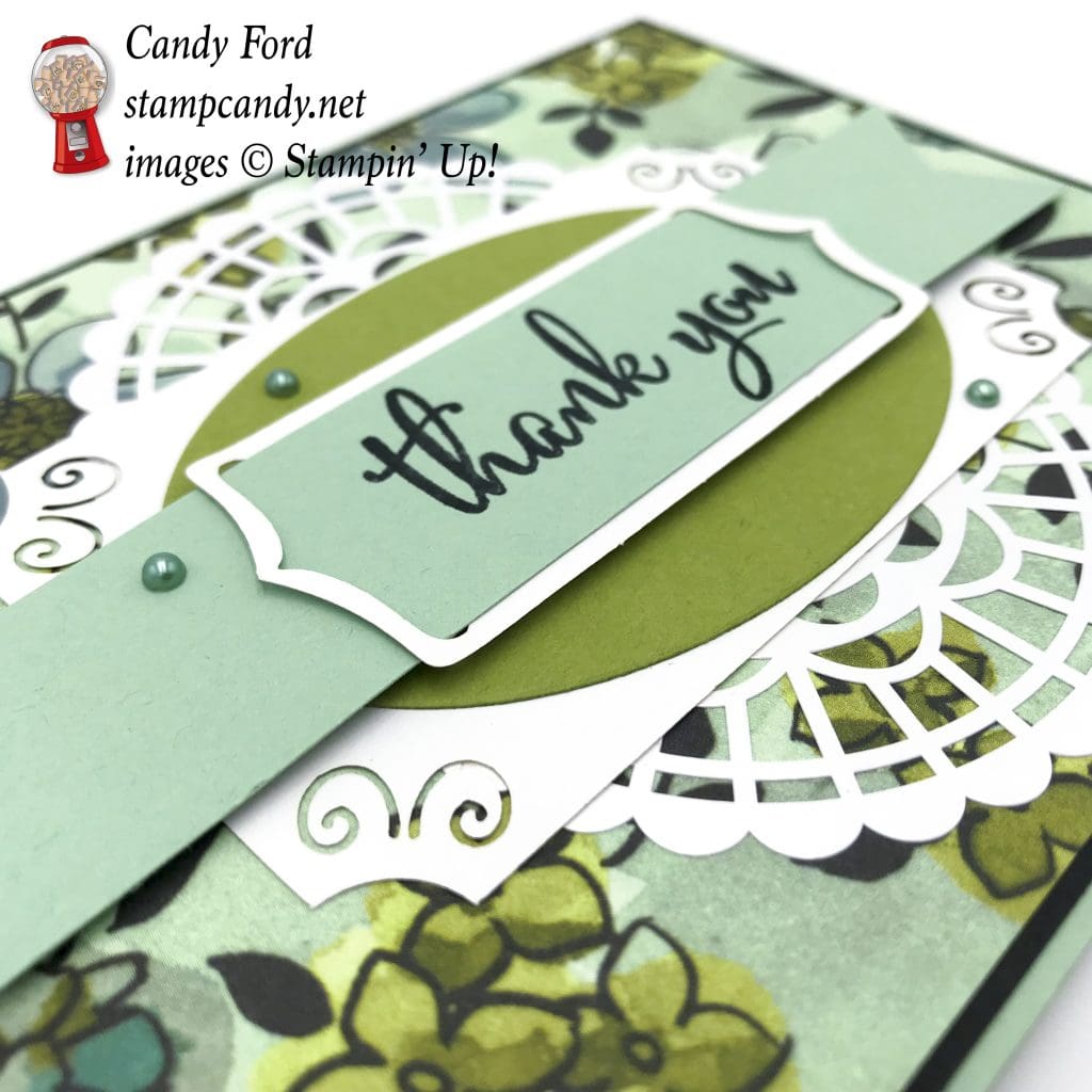 Thank You card made with the brand new Share What You Love bundle, Love What You Do stamp set, Share What You Love paper, Pearlized Doilies, SWYL Embellishment Kit, SWYL Artisan Pearls by Stampin' Up! #stampcandy