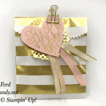 Stampin Up Striped Treat Bag with Gold Binder Clips Born To Be Loved and Sweet and Sassy framelits by Candy Ford of Stamp Candy