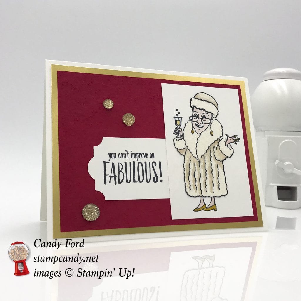 Send this card to someone fabulous! Made with the You've Got Style stamp set and Gold Faceted Gems by Stampin' Up! for the OSAT Blog Hop for May 2018. I created a red carpet and fur coat by burnishing cardstock with a Bone Folder until the layers peeled apart. This gives the paper a suede feel. #stampcandy