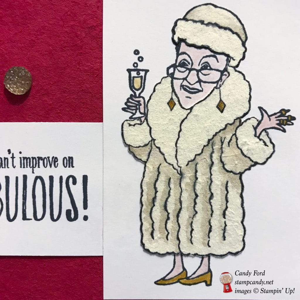 Send this card to someone fabulous! Made with the You've Got Style stamp set and Gold Faceted Gems by Stampin' Up! for the OSAT Blog Hop for May 2018. I created a red carpet and fur coat by burnishing cardstock with a Bone Folder until the layers peeled apart. This gives the paper a suede feel. #stampcandy