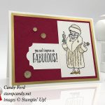 Send this card to someone fabulous! Made with the You've Got Style stamp set and Gold Faceted Gems by Stampin' Up! for the OSAT Blog Hop for May 2018. I created a red carpet and fur coat by burnishing cardstock with a Bone Folder until the layers peeled apart. This gives the paper a suede feel. #stampcandy