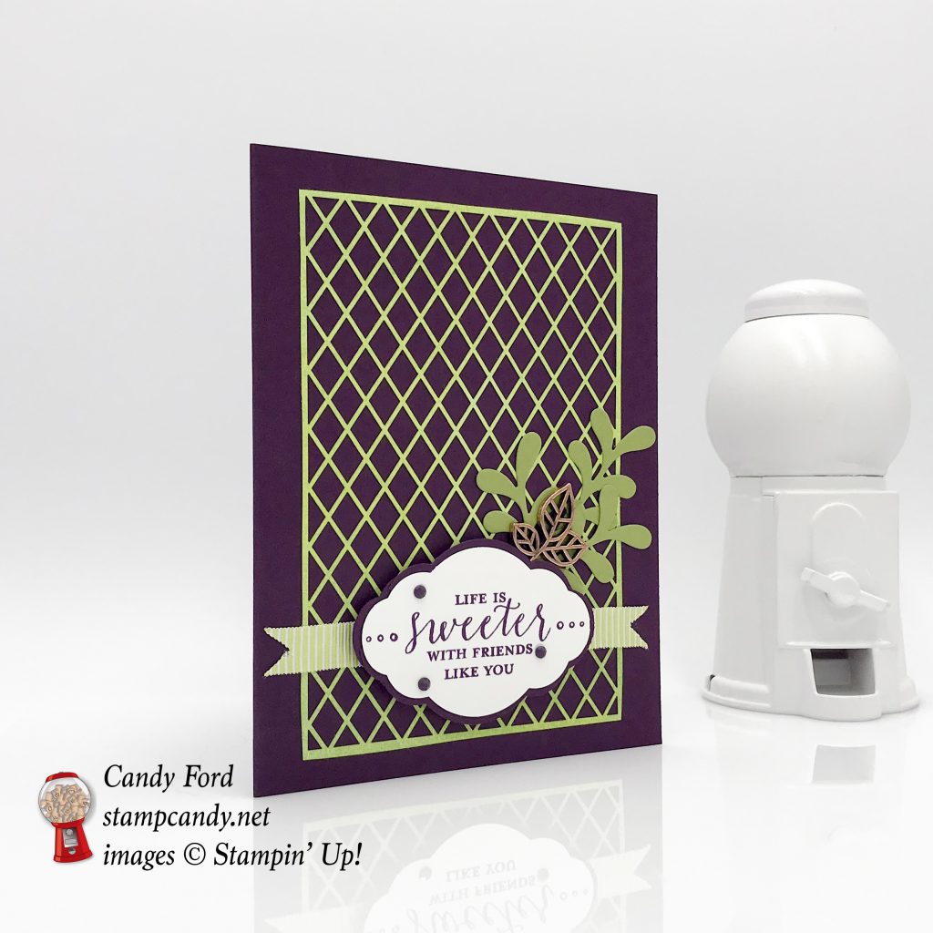 Life is Sweeter with Friends like you, card made using the Detailed With Love stamp set, Pretty Label Punch, Pretty Pines Thinlits Dies, and Delightfully Detailed Laser Cut Specialty Paper by Stampin' Up! #stampcandy