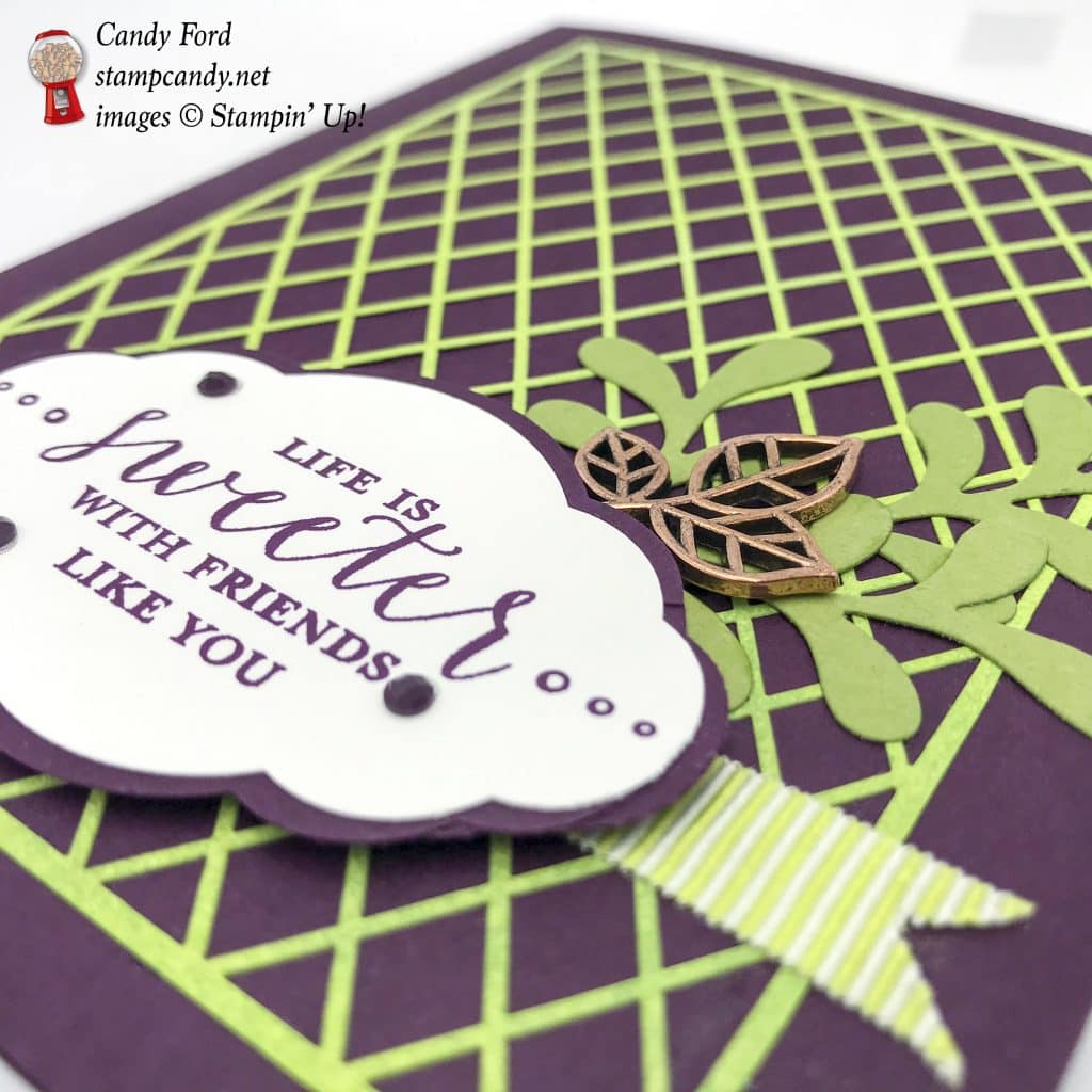 Life is Sweeter with Friends like you, card made using the Detailed With Love stamp set, Pretty Label Punch, Pretty Pines Thinlits Dies, and Delightfully Detailed Laser Cut Specialty Paper by Stampin' Up! #stampcandy