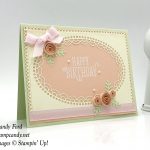 Here's a lovely pink card with quilled flowers. Happy Birthday Gorgeous stamp set and Delightfully Detailed Laser Cut Paper by Stampin' Up! #stampcandy