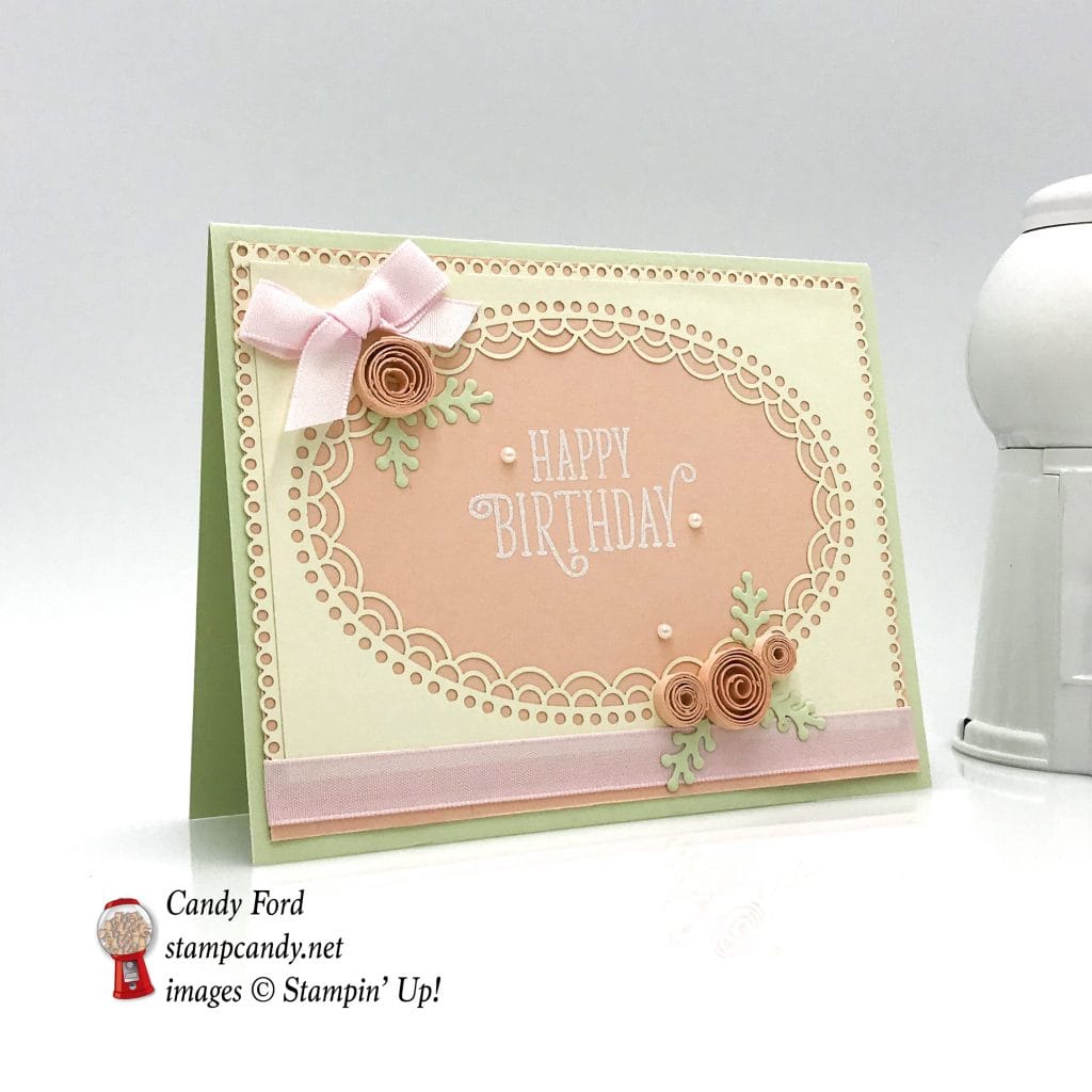 Here's a lovely pink card with quilled flowers. Happy Birthday Gorgeous stamp set and Delightfully Detailed Laser Cut Paper by Stampin' Up! #stampcandy