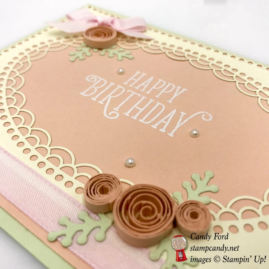 Here's a lovely pink card with quilled flowers. Happy Birthday Gorgeous stamp set and Delightfully Detailed Laser Cut Paper by Stampin' Up! #stampcandy