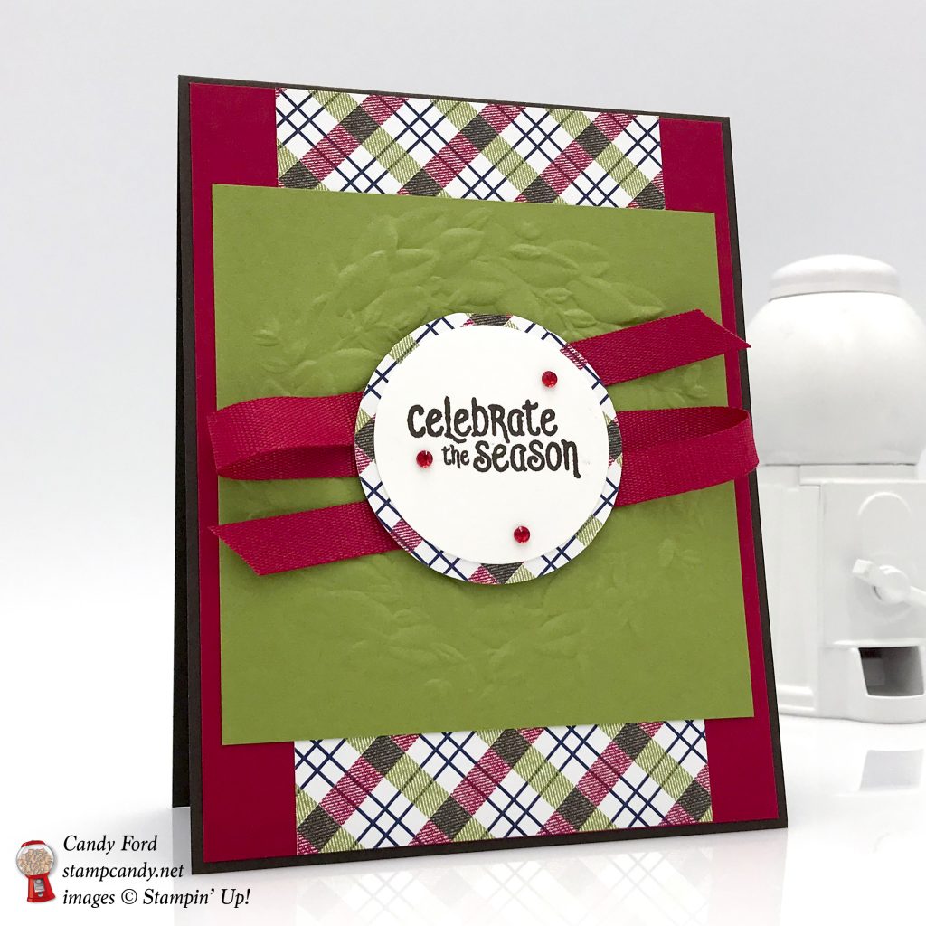 Christmas card made using Mistletoe Season stamp set, Seasonal Wreath Dynamic embossing folder, and Under the Mistletoe Designer Series Paper by Stampin' Up! #stampcandy