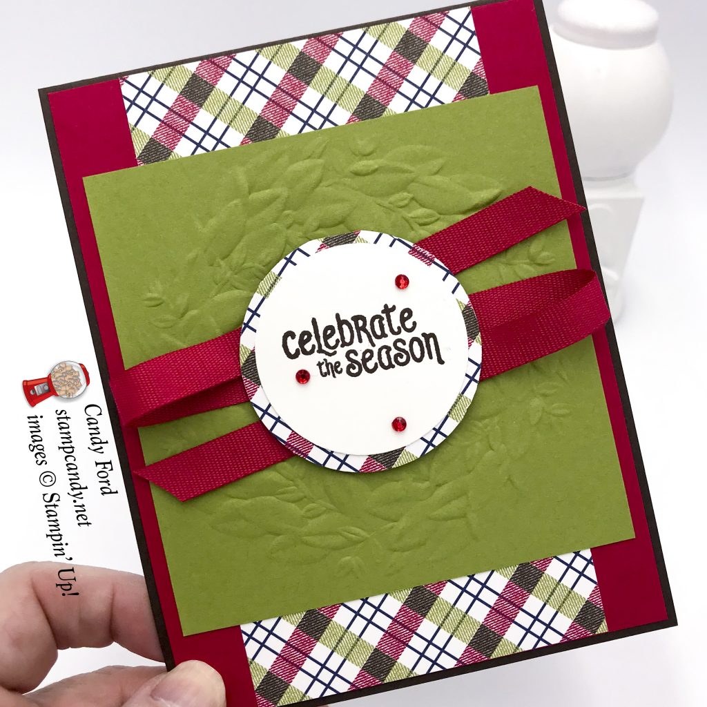 Christmas card made using Mistletoe Season stamp set, Seasonal Wreath Dynamic embossing folder, and Under the Mistletoe Designer Series Paper by Stampin' Up! #stampcandy