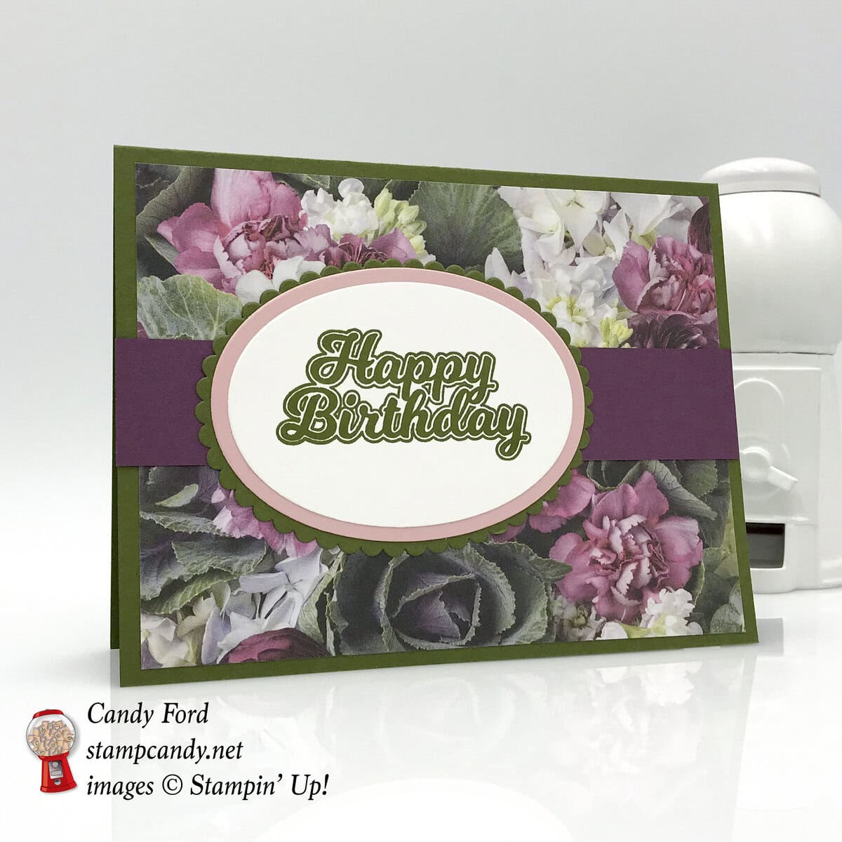 Birthday Card made using the Blow Out the Candles stamp set, Petal Promenade Designer Series Paper (DSP), and Layering Ovals Framelits Dies by Stampin' Up! #stampcandy