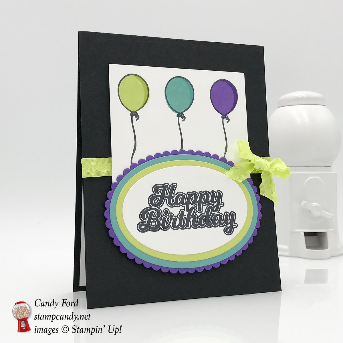 Happy Birthday card made using the Blow Out the Candles stamp set, Layering Ovals Framelits Dies, and Lemon Lime Twist 3/8" Mini Ruffled Ribbon by Stampin' Up! #stampcandy