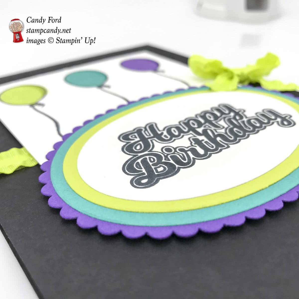 Happy Birthday card made using the Blow Out the Candles stamp set, Layering Ovals Framelits Dies, and Lemon Lime Twist 3/8" Mini Ruffled Ribbon by Stampin' Up! #stampcandy