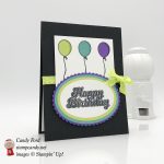 Happy Birthday card made using the Blow Out the Candles stamp set, Layering Ovals Framelits Dies, and Lemon Lime Twist 3/8" Mini Ruffled Ribbon by Stampin' Up! #stampcandy