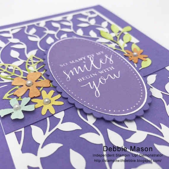 Debbie Mason used Stampin' Up! Delightfully Detailed Laser Cut Specialty Paper and Detailed With Love stamp set to make this handmade card.