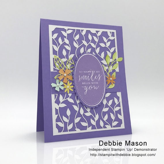 Debbie Mason used Stampin' Up! Delightfully Detailed Laser Cut Specialty Paper and Detailed With Love stamp set to make this handmade card.
