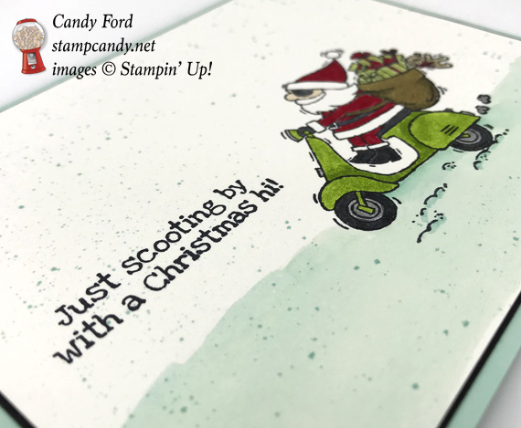 Stampin' Up! So Santa stamp set has Santa on a scooter - so cute! Handmade card made by Candy Ford of Stamp Candy #stampcandy
