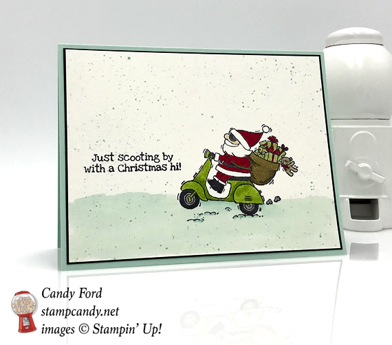 Stampin' Up! So Santa stamp set has Santa on a scooter - so cute! Handmade card made by Candy Ford of Stamp Candy #stampcandy