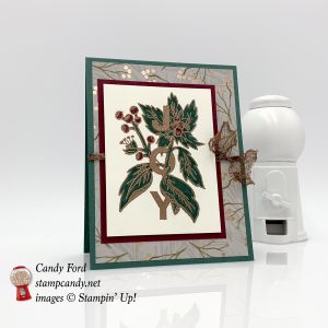 Joy & Noel stamp set, Joyous Noel paper, and copper heat embossing make up this Christmas card, Stampin' Up! #stampcandy