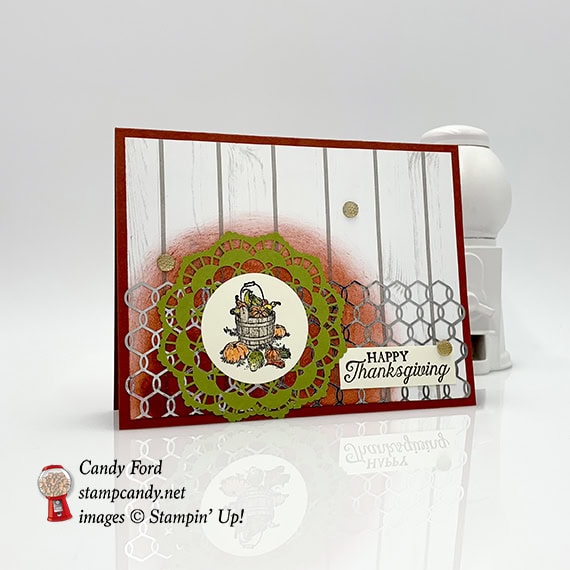 Happy Thanksgiving card made with Pleasant Pheasants stam pset, Watercolor pencils, Layering Circles Framelits Dies, Chicken Wire Elements by Stampin' Up! #stampcandy