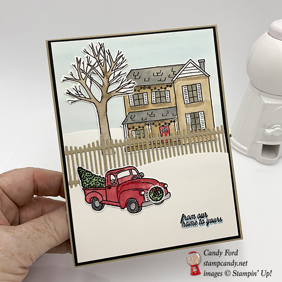 Farmhouse Christmas layered watercolor card, Stampin' Up! #stampcandy