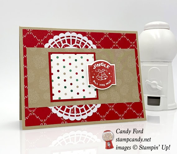 Stampin Up All Is Bright Under the Mistletoe DSP handmade Christmas card by Candy Ford of Stamp Candy