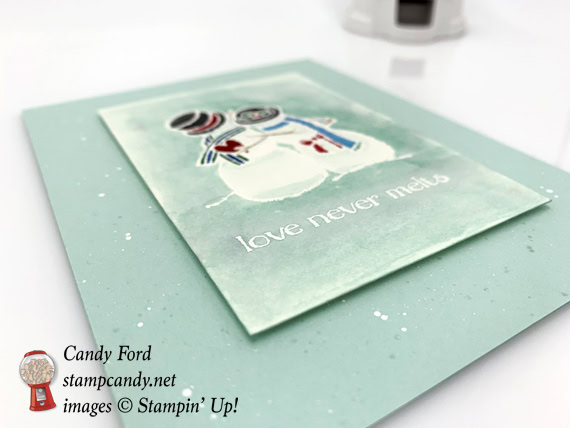 Stampin Up Spirited Snowmen Love Never Melts handmade watercolored Christmas Card by Candy Ford of Stamp Candy