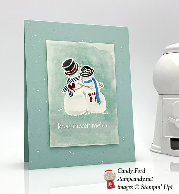 Stampin Up Spirited Snowmen Love Never Melts handmade watercolored Christmas Card by Candy Ford of Stamp Candy