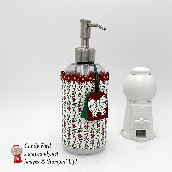 soap / lotion dispenser decorated with Dashing Along paper and Bitty Blooms Punch Pack by Stampin' Up! #stampcandy