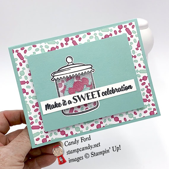 shaker card made with Sweetest Thing stamp set, Jar of Sweets Framelits Dies, How Sweet It Is paper by Stampin' Up! #stampcandy