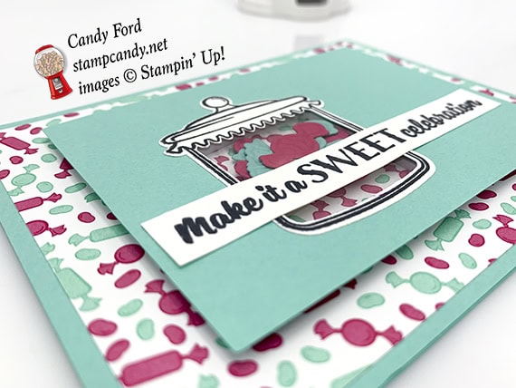 shaker card made with Sweetest Thing stamp set, Jar of Sweets Framelits Dies, How Sweet It Is paper by Stampin' Up! #stampcandy