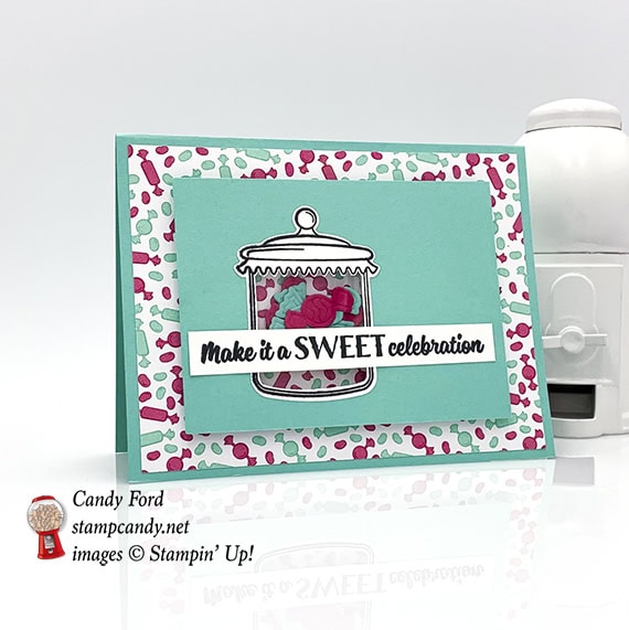 shaker card made with Sweetest Thing stamp set, Jar of Sweets Framelits Dies, How Sweet It Is paper by Stampin' Up! #stampcandy